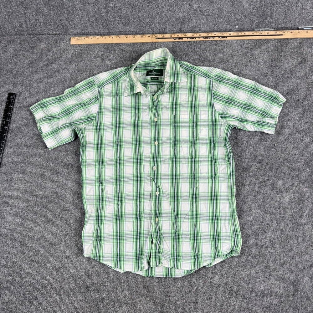 Ralph Lauren Button Down Mens Size 38 Green Plaid Cotton Short Sleeve Classic